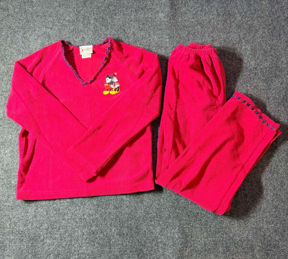 Vintage Walt Disney Mickey and Minnie Mouse Embroidered Fleece Pajama Set, Small
